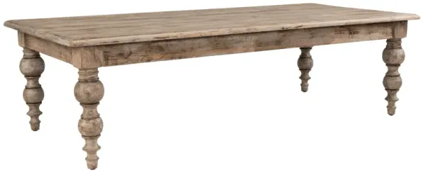 Ray 64 Inch Reclaimed Pine Wood Coffee Table, Turned Baluster Legs, Beige-Benzara