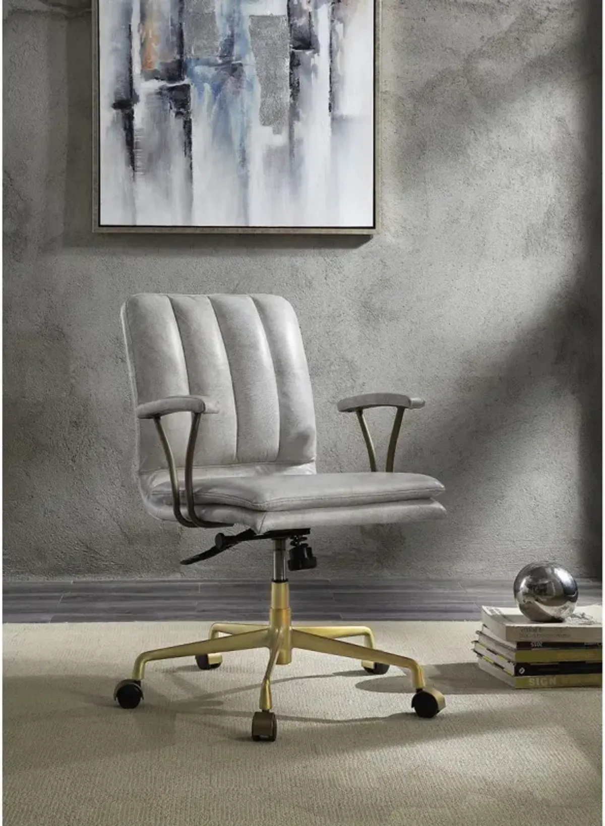 Damir Office Chair, Vintage White Top Grain Leather & Gold