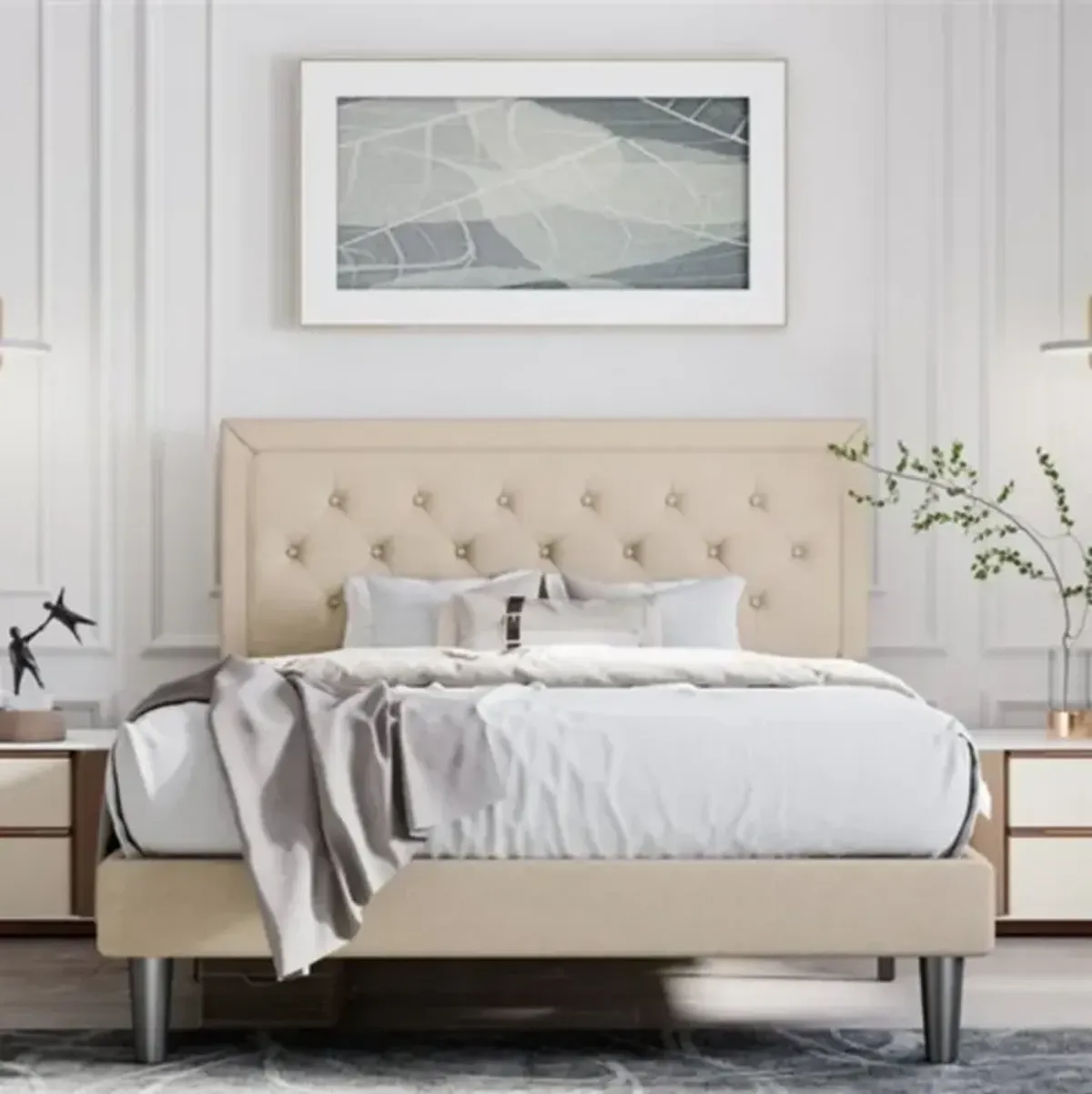 Adjustable Height Platform Bed Frame with Upholstered Headboard
