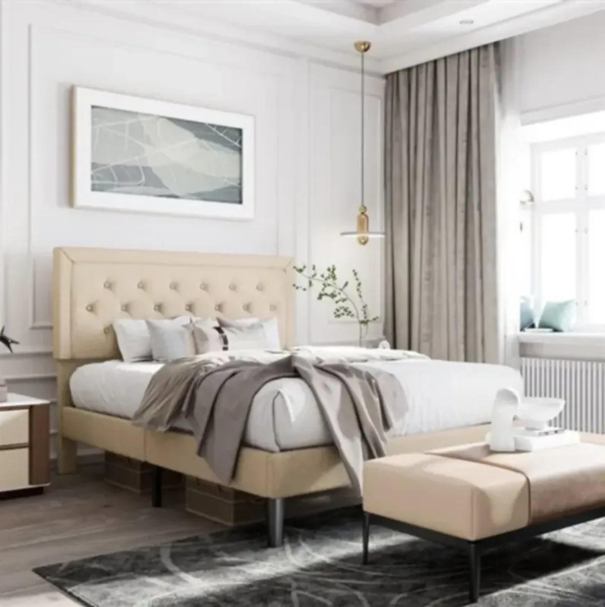 Adjustable Height Platform Bed Frame with Upholstered Headboard