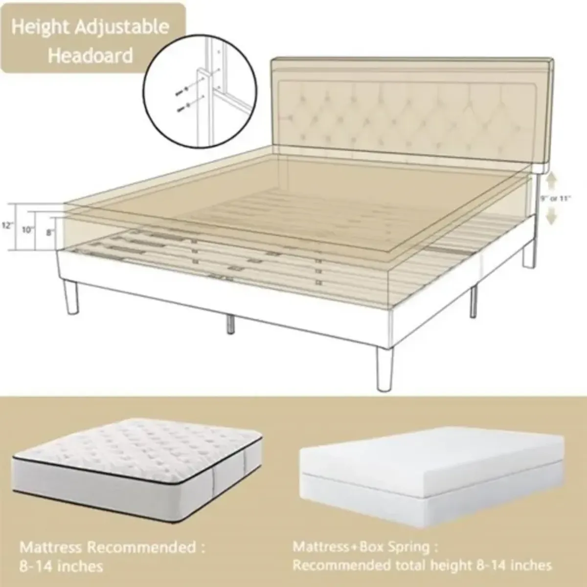 Adjustable Height Platform Bed Frame with Upholstered Headboard