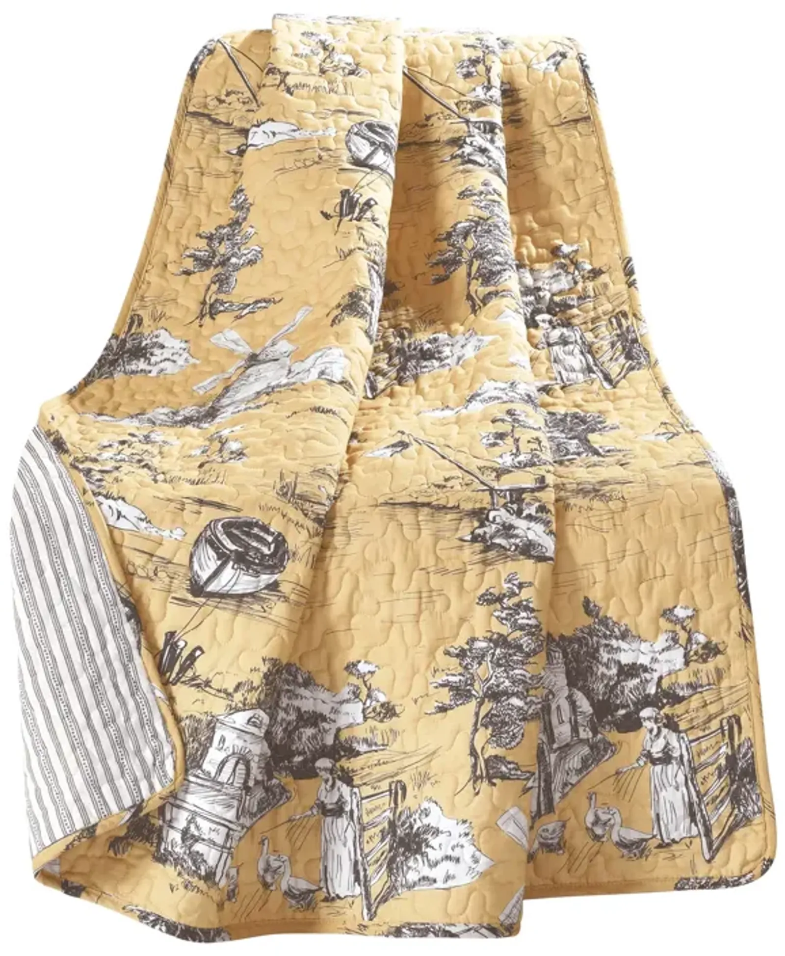 French Country Toile Cotton Reversible Throw Yellow/Gray Single 50X60