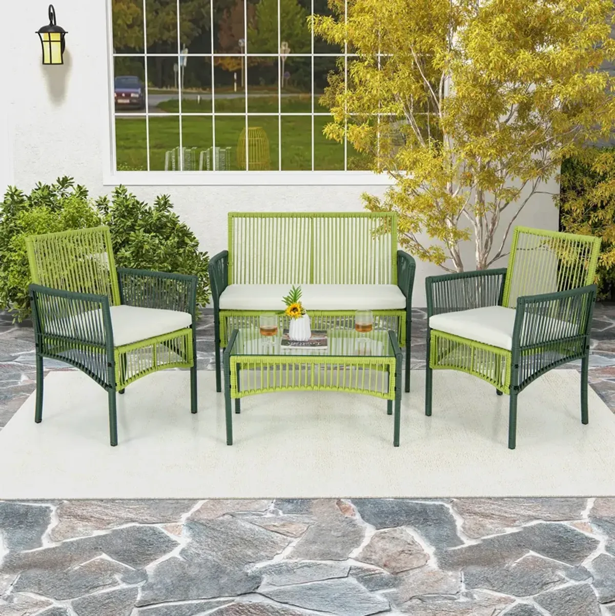 4 Piece Patio Round Wicker Conversation Set