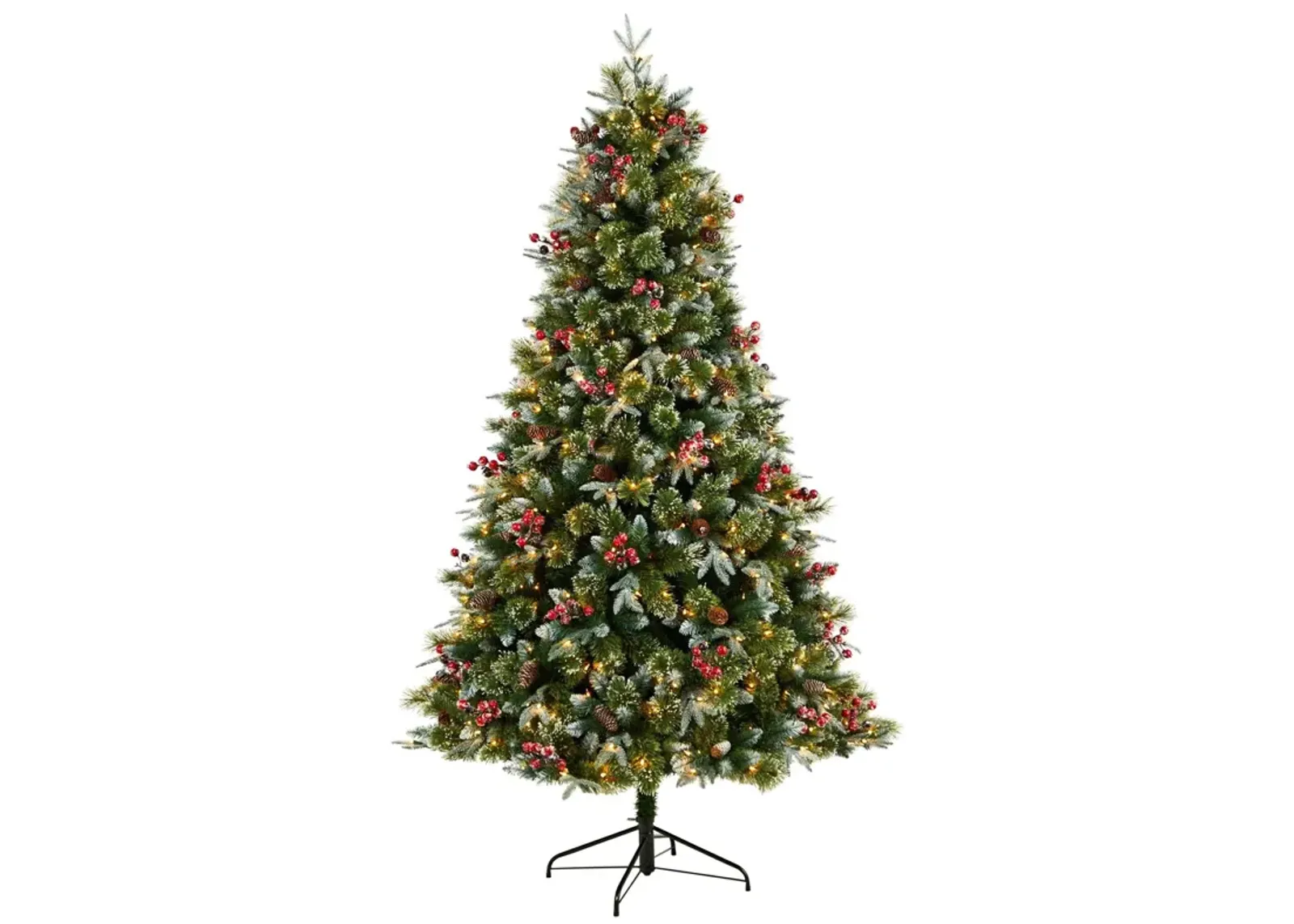 Nearly Natural 7.5-ft Snow Tipped Aspen Spruce Pre-Lit Artificial Christmas Tree with 450 LED lights, Berries, Pinecones and 1528 Bendable Branches