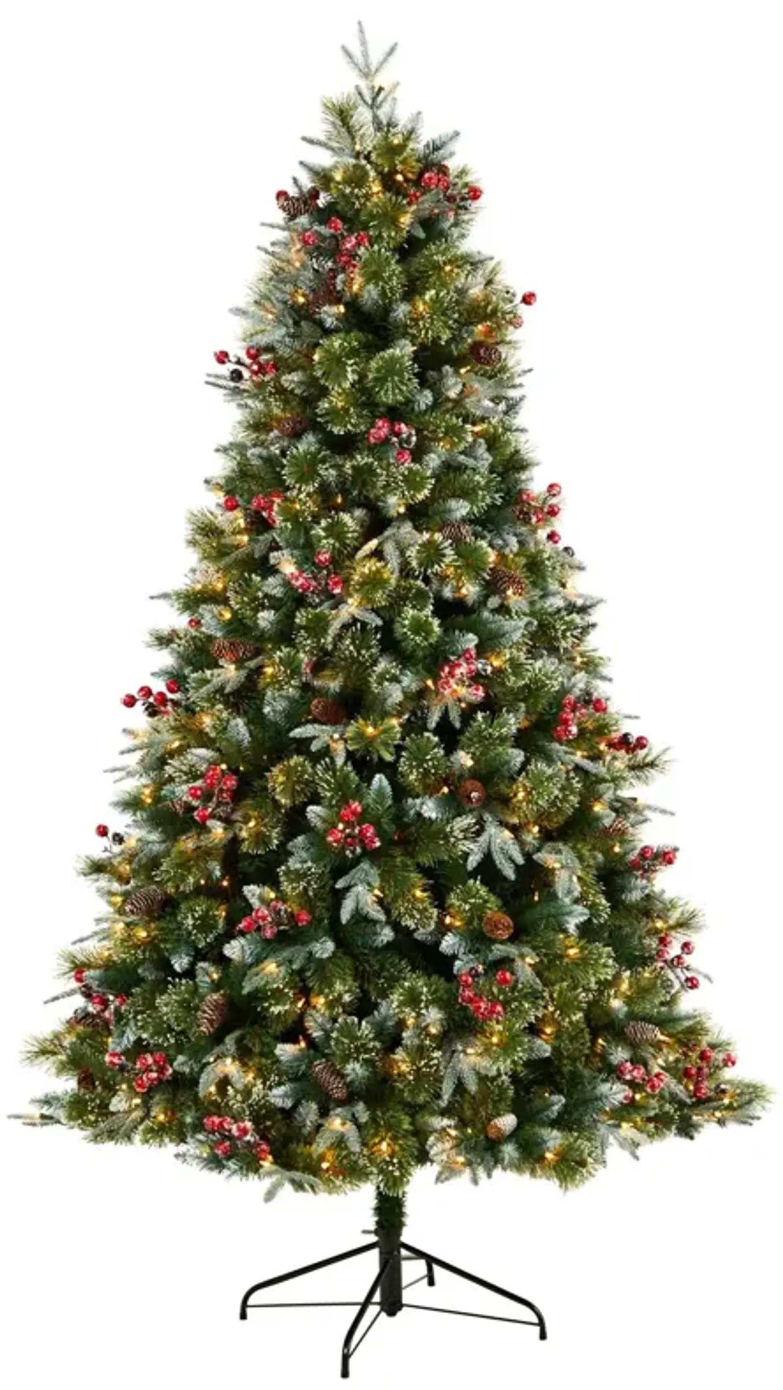 Nearly Natural 7.5-ft Snow Tipped Aspen Spruce Pre-Lit Artificial Christmas Tree with 450 LED lights, Berries, Pinecones and 1528 Bendable Branches