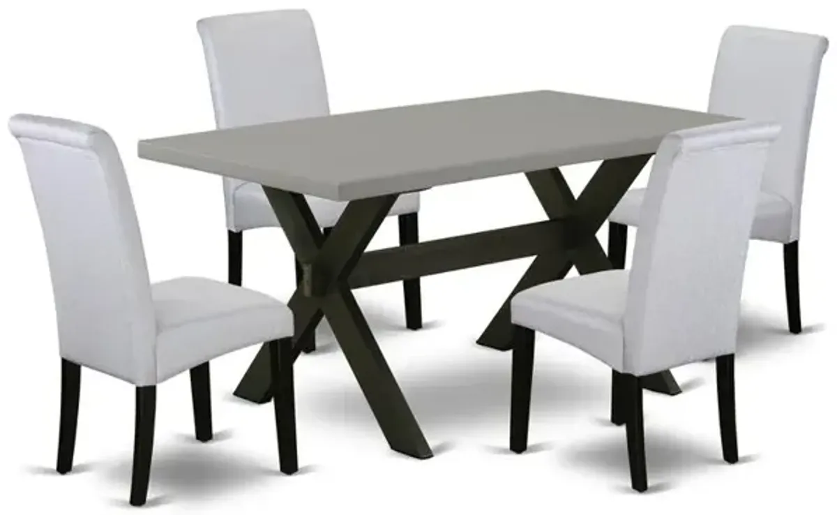 East West Furniture X696BA105-5 5-Pc Dining Room Set - 4 Mid Century Dining Chairs and 1 Modern Cement Wood Dining Table Top with High Roll Chair Back – Wire Brushed Black Finish