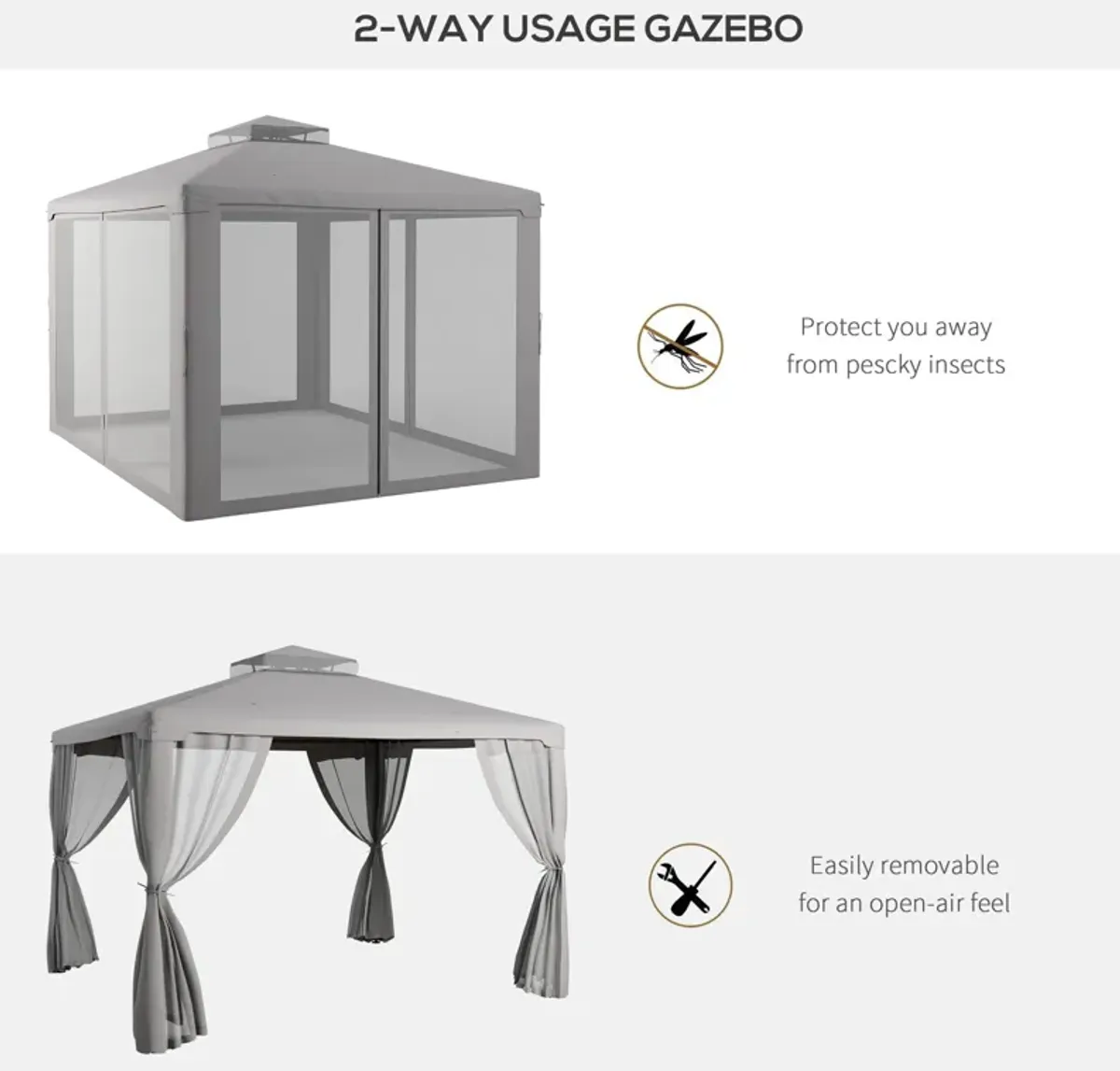 Outsunny 10' x 12' Patio Gazebo Outdoor Canopy Shelter with 2-Tier Roof and Netting, Steel Frame for Garden, Lawn, Backyard and Deck, Gray