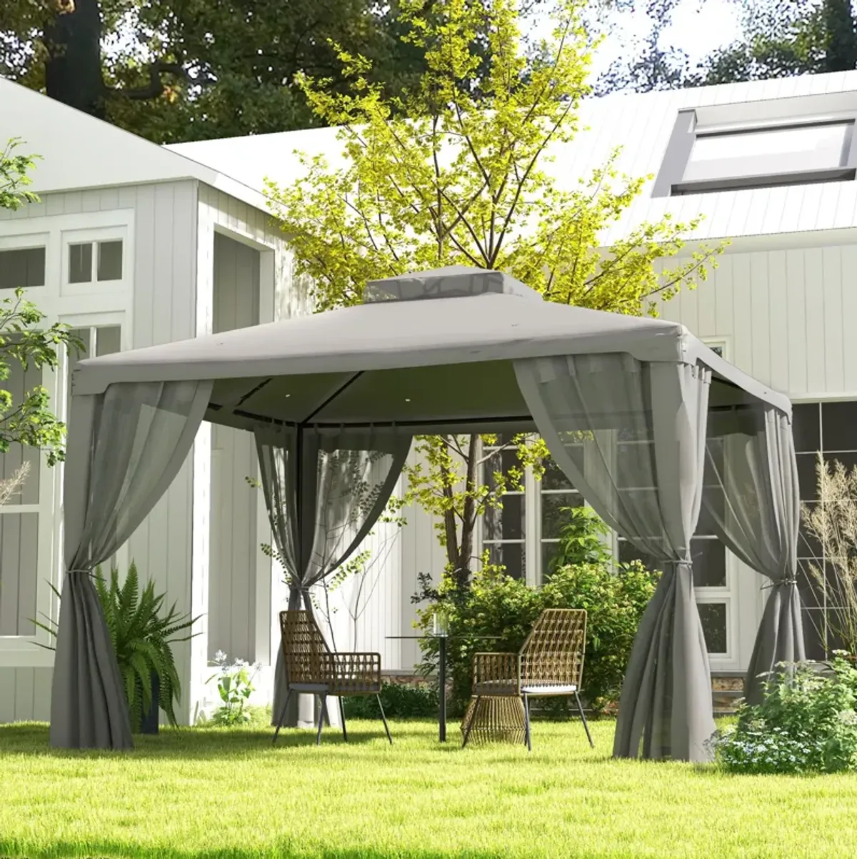 Outsunny 10' x 12' Patio Gazebo Outdoor Canopy Shelter with 2-Tier Roof and Netting, Steel Frame for Garden, Lawn, Backyard and Deck, Gray