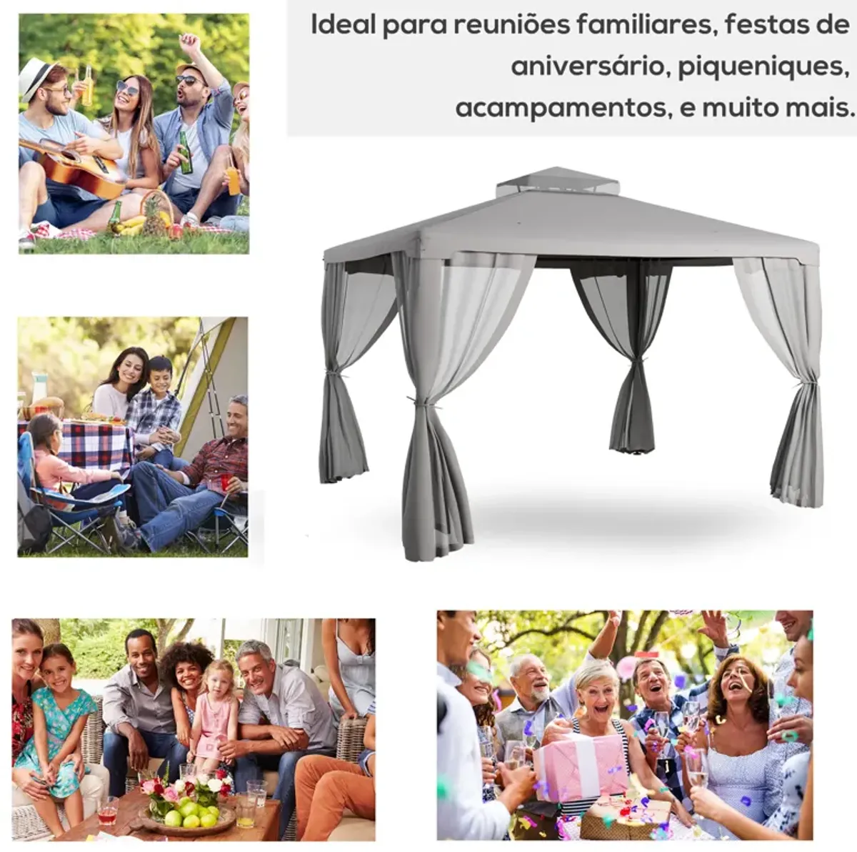 Outsunny 10' x 12' Patio Gazebo Outdoor Canopy Shelter with 2-Tier Roof and Netting, Steel Frame for Garden, Lawn, Backyard and Deck, Gray