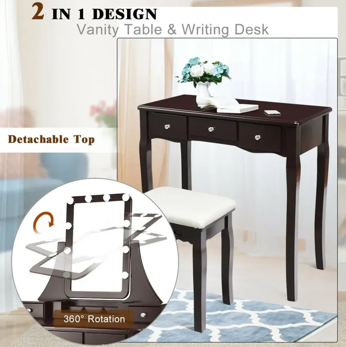 10 Dimmable Light Bulbs Vanity Dressing Table with 2 Dividers and Cushioned Stool