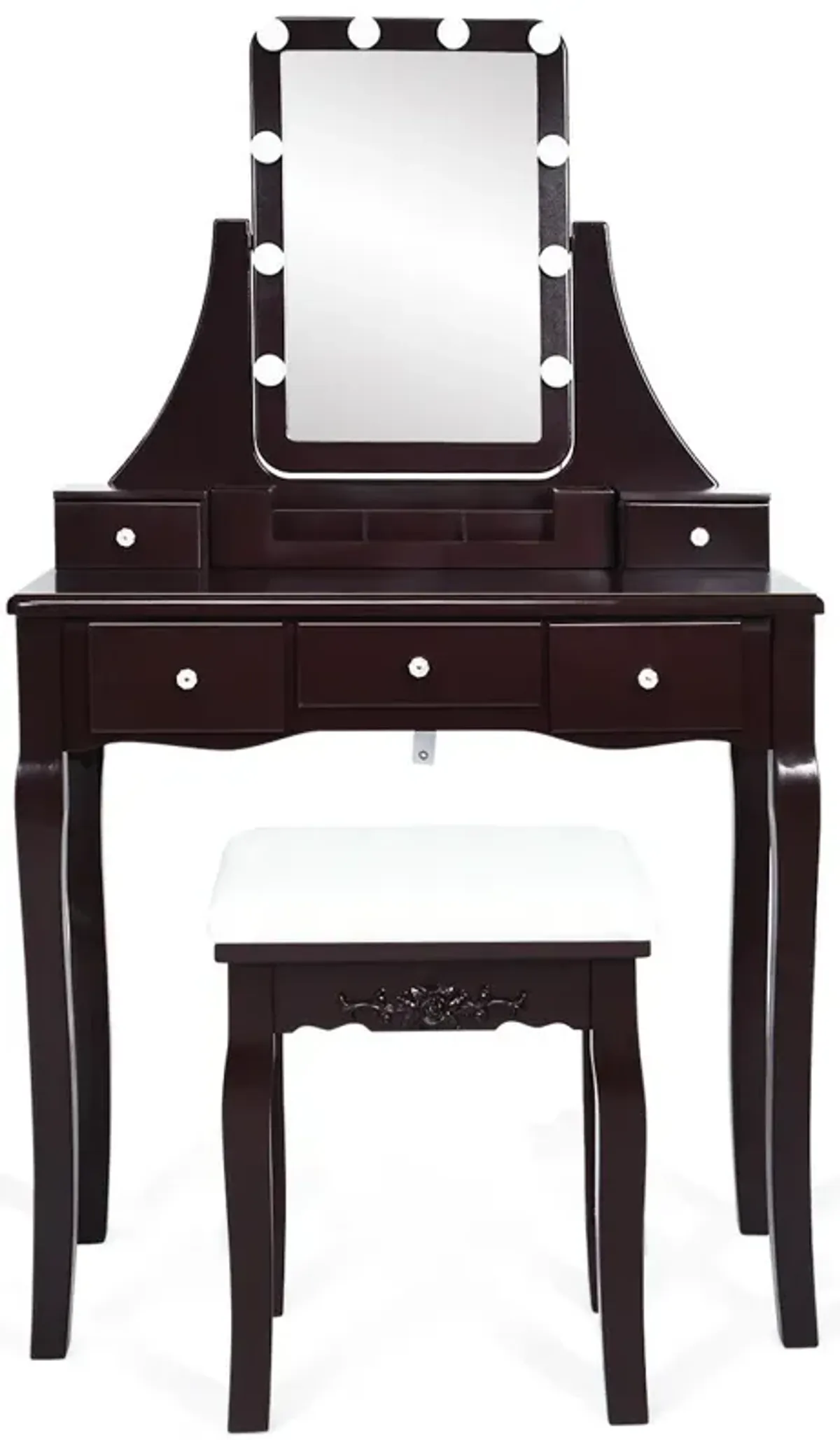 10 Dimmable Light Bulbs Vanity Dressing Table with 2 Dividers and Cushioned Stool