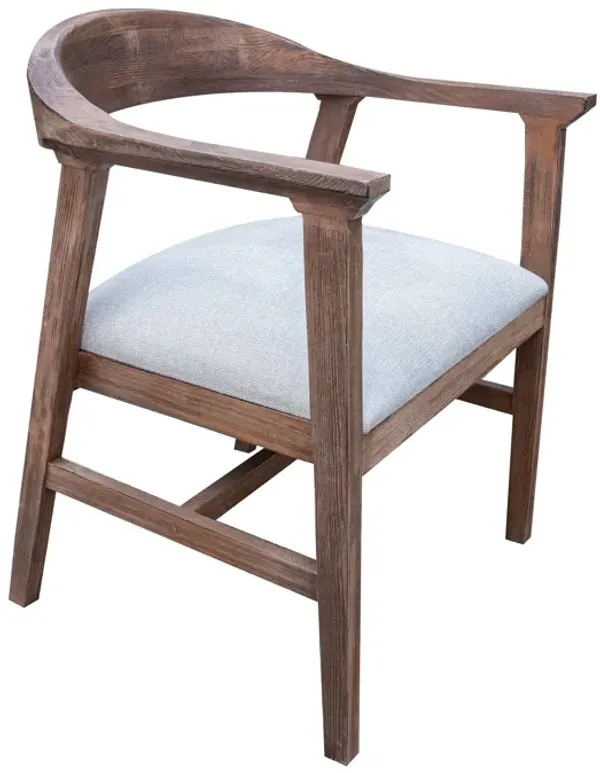 Kohl Armchair, Handcrafted Brown Wood Frame, Curved, White Upholstered Seat