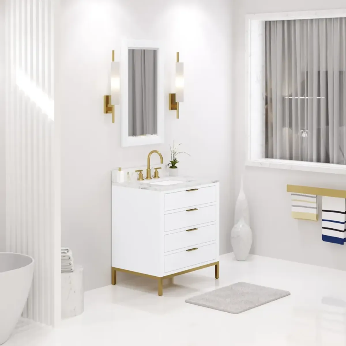 Bristol 30 In. Single Sink Carrara White Marble Countertop Bath Vanity in Pure White