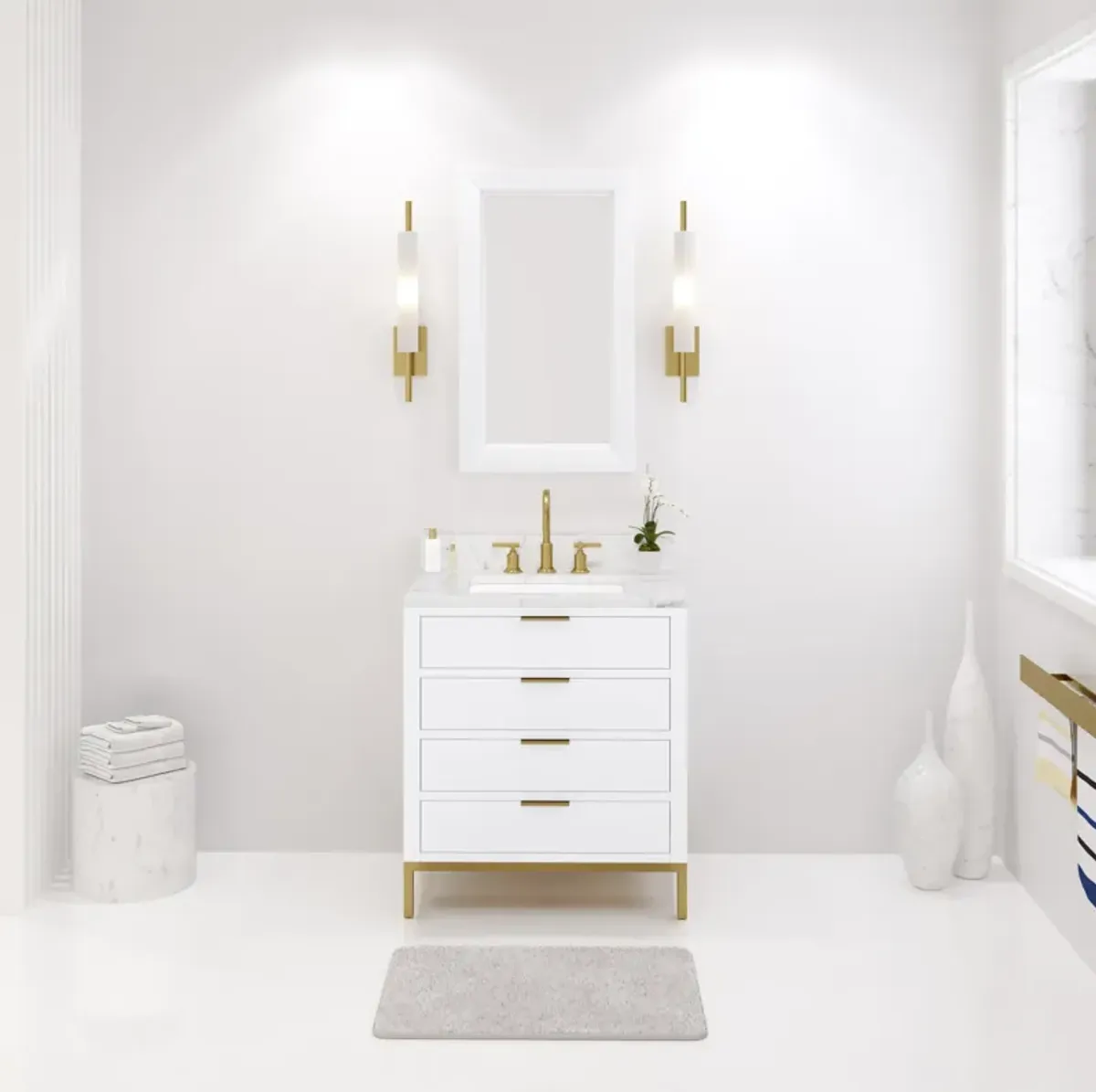Bristol 30 In. Single Sink Carrara White Marble Countertop Bath Vanity in Pure White