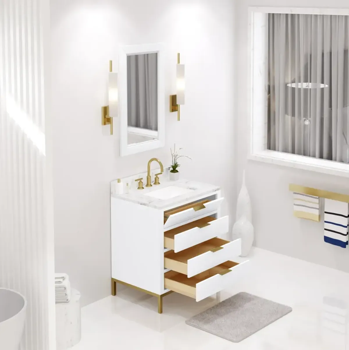 Bristol 30 In. Single Sink Carrara White Marble Countertop Bath Vanity in Pure White