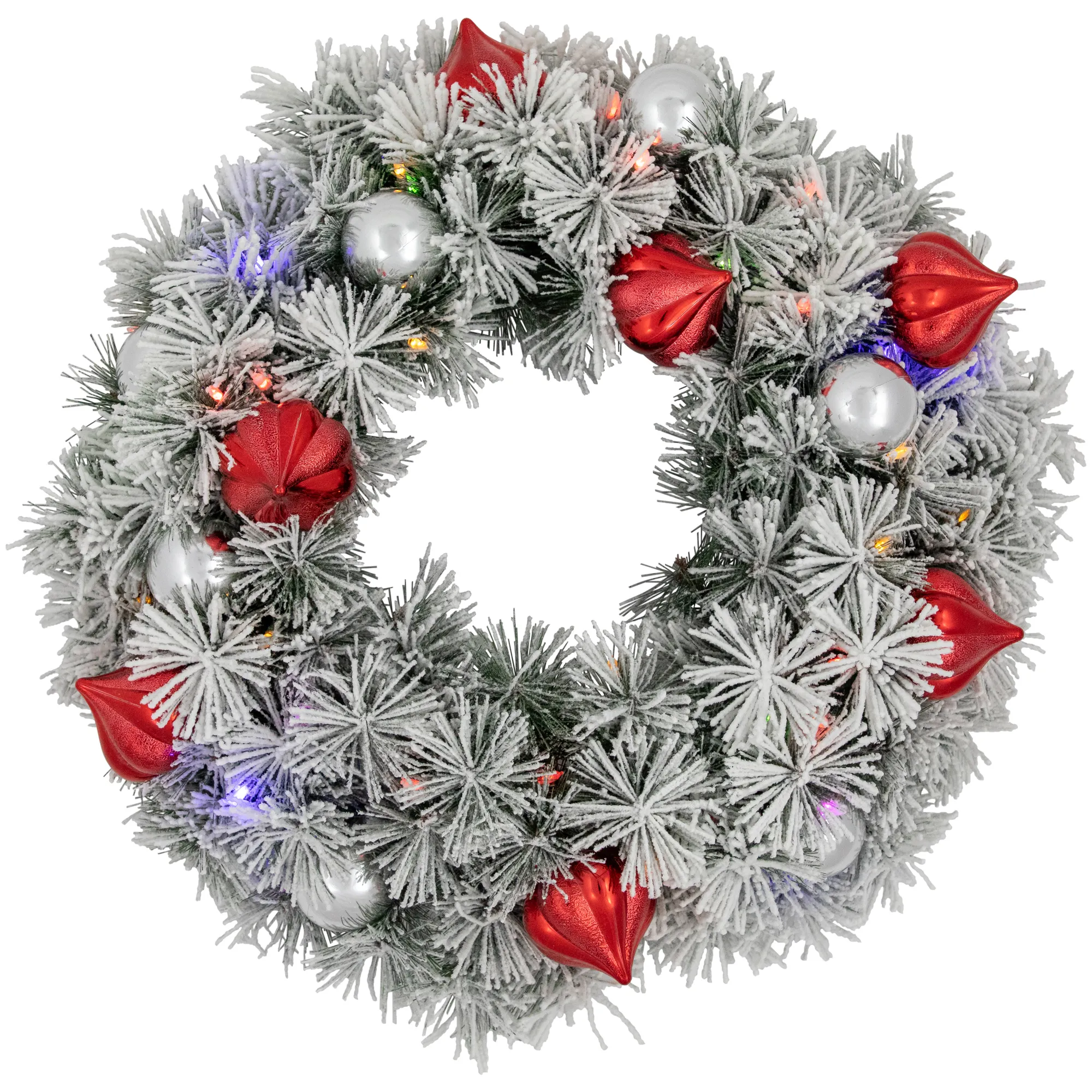 Pre-Lit Snowy Bristle Pine Christmas Wreath  24-Inch  Warm White and Multi LED Lights