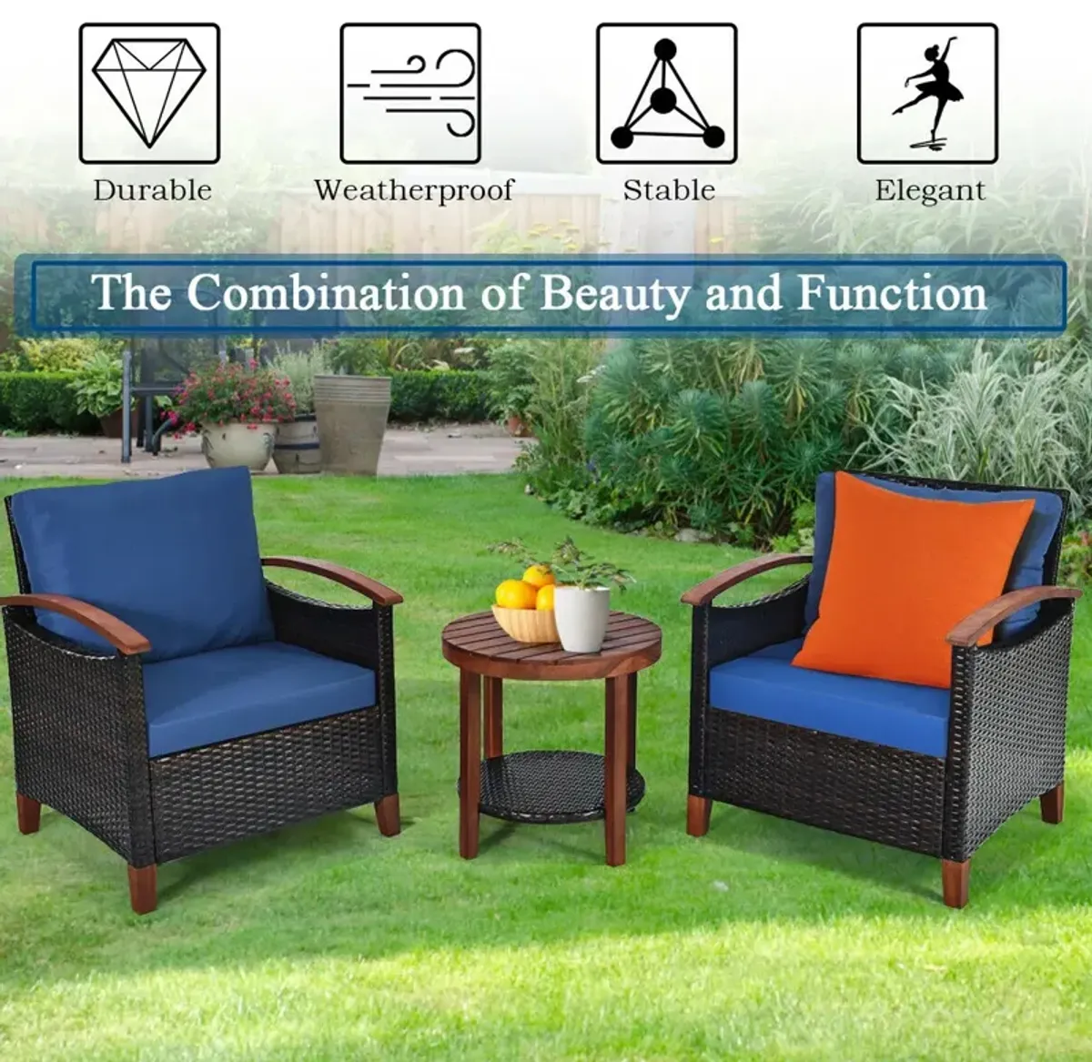 3 Pieces Patio Rattan Furniture Set with Washable Cushion and Acacia Wood Tabletop