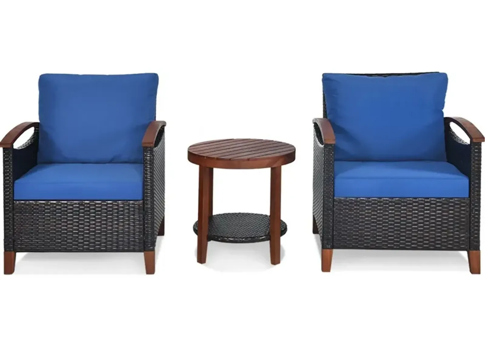 3 Pieces Patio Rattan Furniture Set with Washable Cushion and Acacia Wood Tabletop