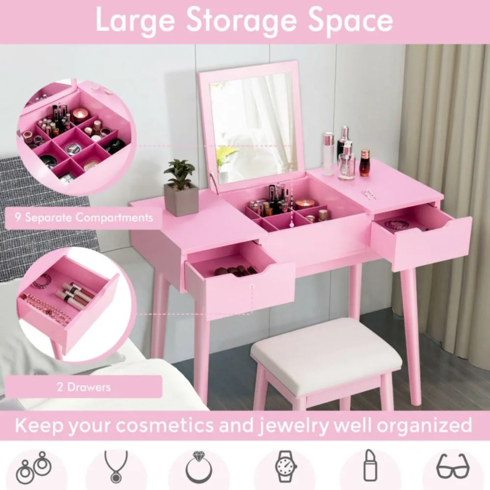 Makeup Vanity Table Set with Flip Top Mirror and 2 Drawers, Pink