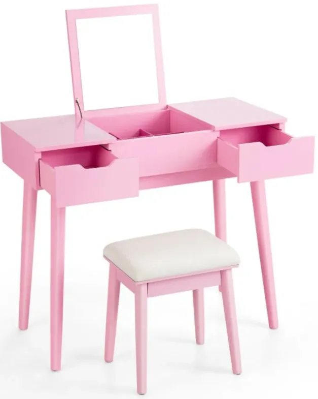 Makeup Vanity Table Set with Flip Top Mirror and 2 Drawers, Pink