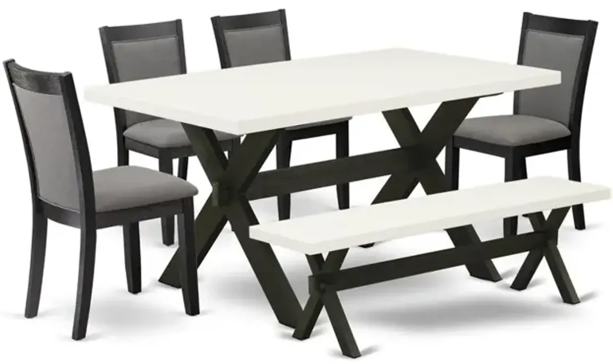 X626MZ650-6 6 Pc Table Set - Linen White Dinner Table with Kitchen Bench and 4 Dark Gotham Grey Chairs - Wire Brushed Black Finish