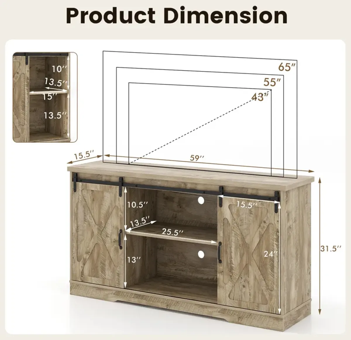 Farmhouse Entertainment Center with Adjustable Shelves and Storage Cabinet-Gray