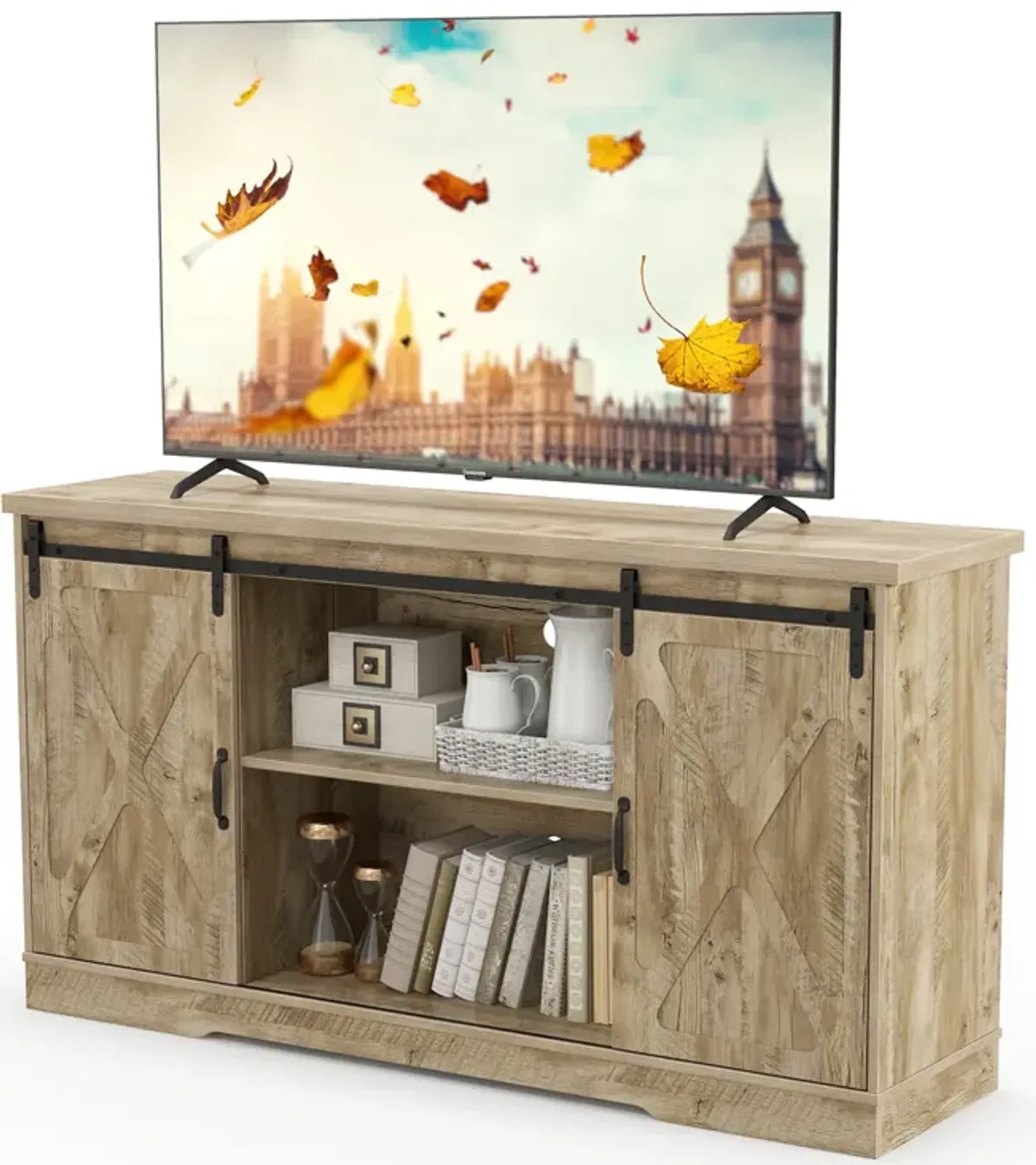 Farmhouse Entertainment Center with Adjustable Shelves and Storage Cabinet-Gray