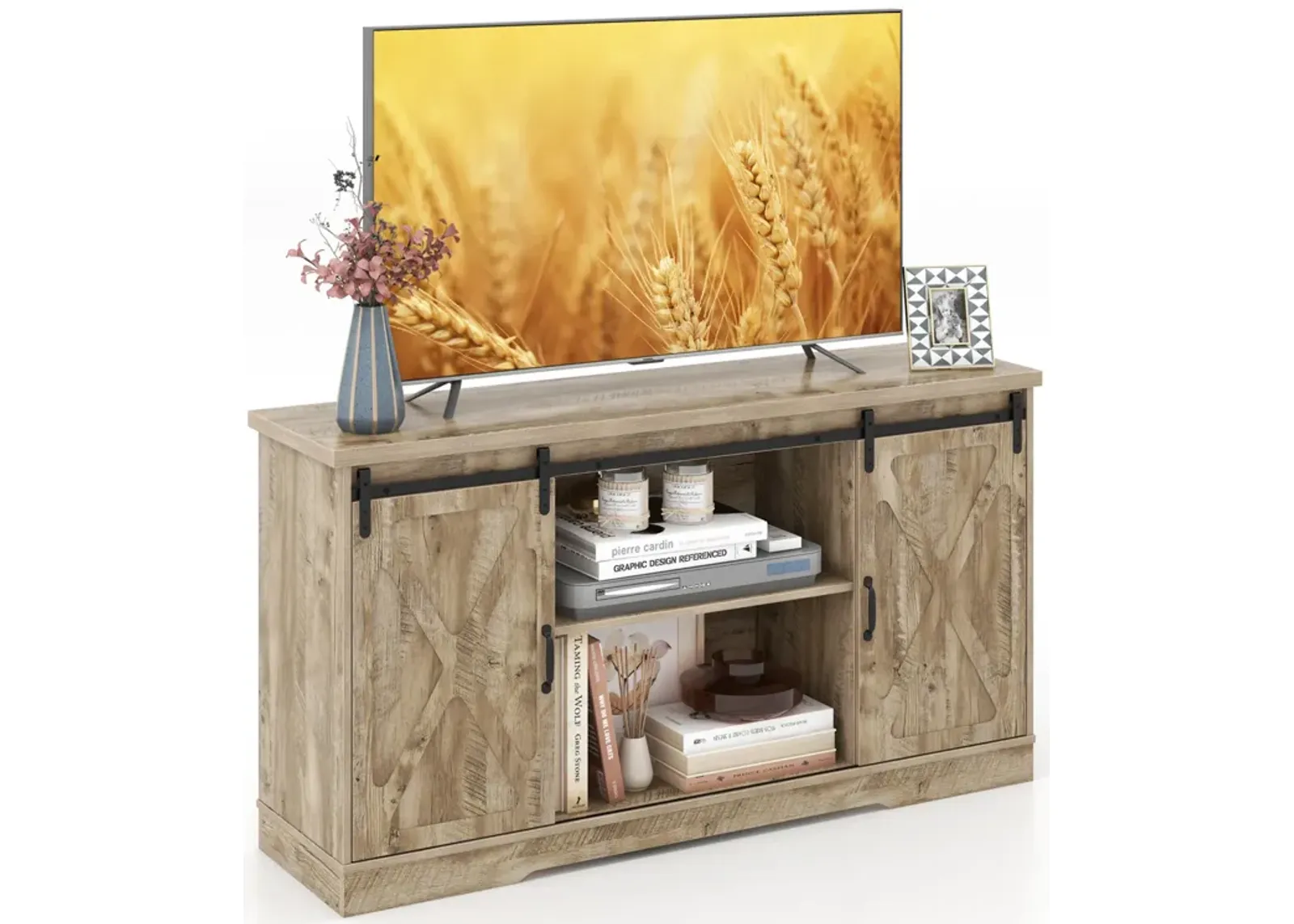 Farmhouse Entertainment Center with Adjustable Shelves and Storage Cabinet-Gray