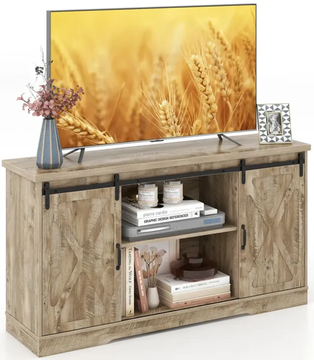 Farmhouse Entertainment Center with Adjustable Shelves and Storage Cabinet-Gray