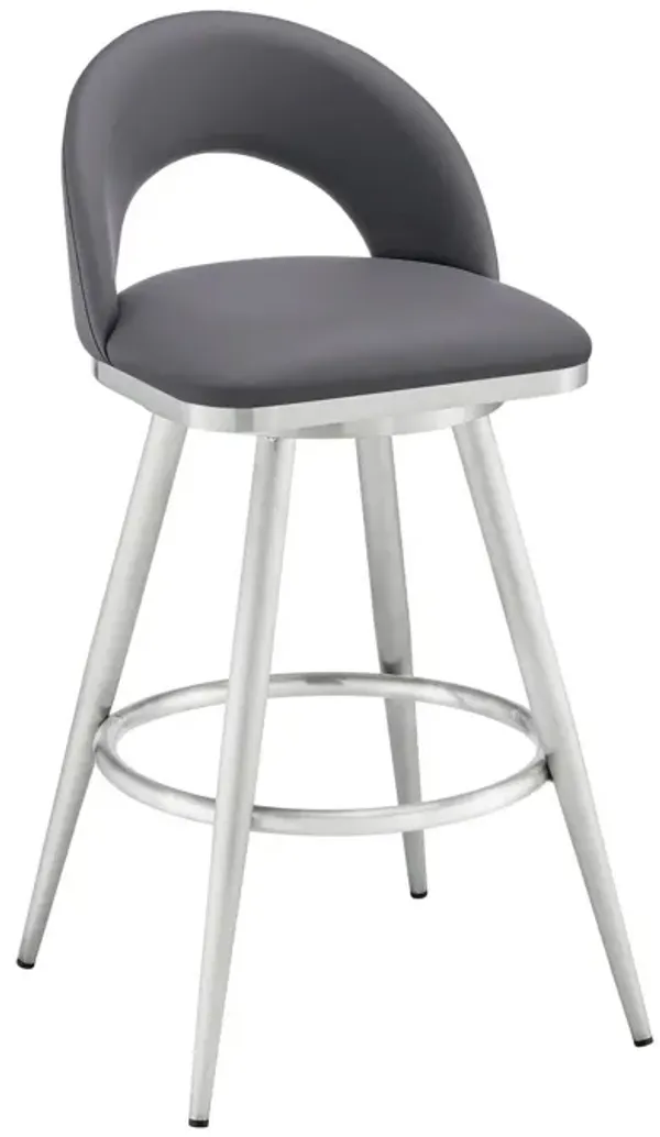 Teco 26 Inch Swivel Counter Stool, Chrome, Curved Back, Gray Faux Leather