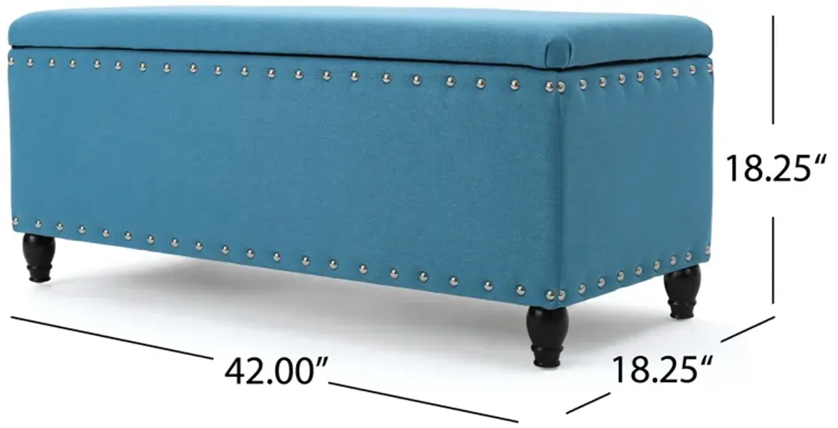 Sharon Storage Ottoman Bench, Teal Blue, Nailhead Trim, Brown 42 Inch -Benzara