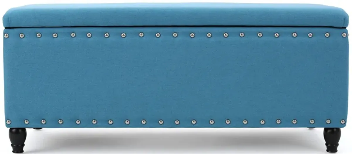 Sharon Storage Ottoman Bench, Teal Blue, Nailhead Trim, Brown 42 Inch -Benzara