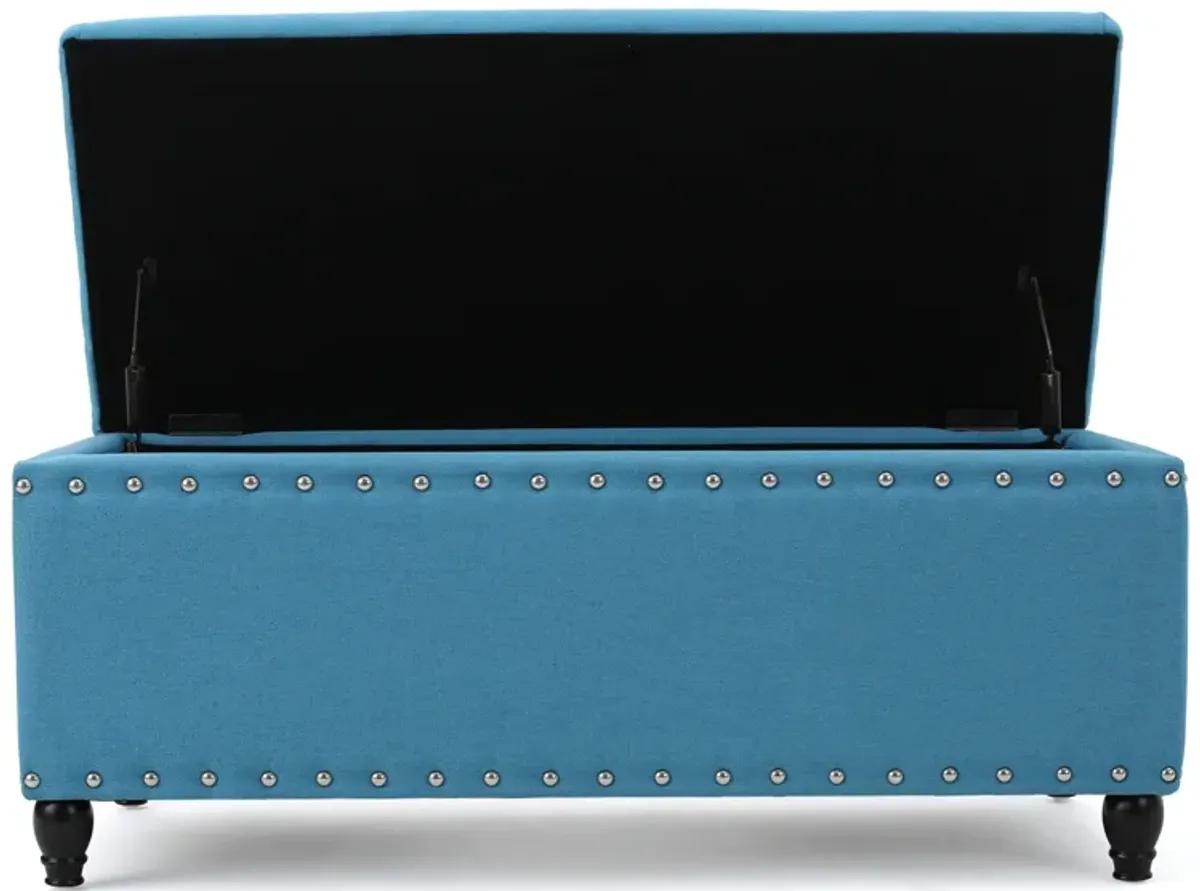 Sharon Storage Ottoman Bench, Teal Blue, Nailhead Trim, Brown 42 Inch -Benzara