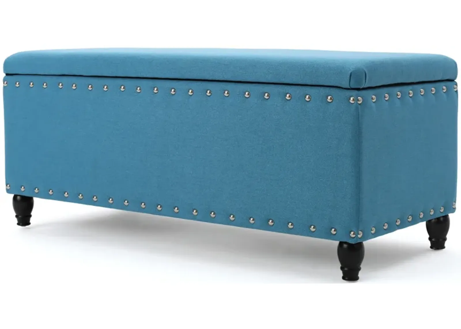 Sharon Storage Ottoman Bench, Teal Blue, Nailhead Trim, Brown 42 Inch -Benzara