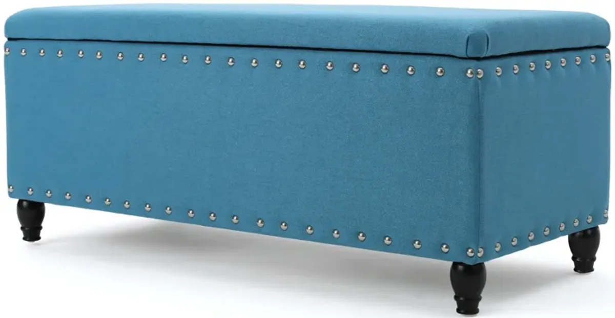 Sharon Storage Ottoman Bench, Teal Blue, Nailhead Trim, Brown 42 Inch -Benzara