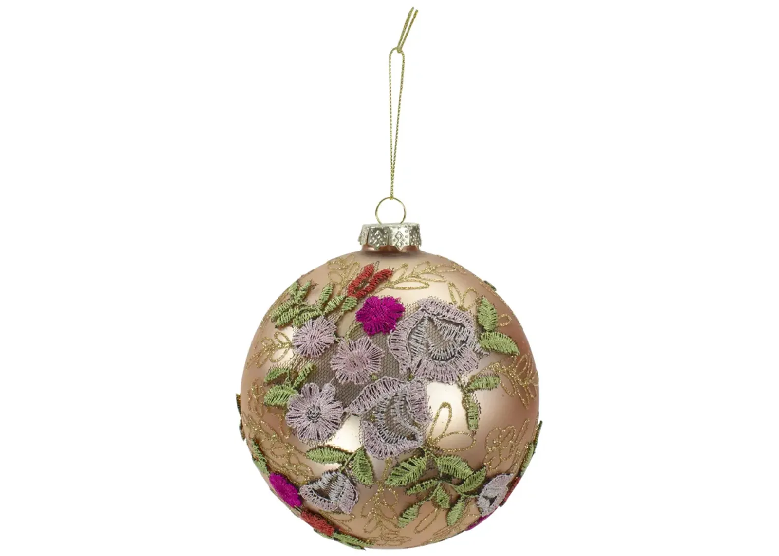 4.5" Pink Floral Applique Glass Ball Christmas Ornament