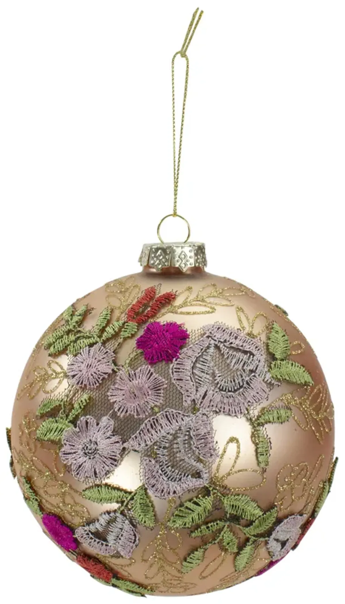 4.5" Pink Floral Applique Glass Ball Christmas Ornament