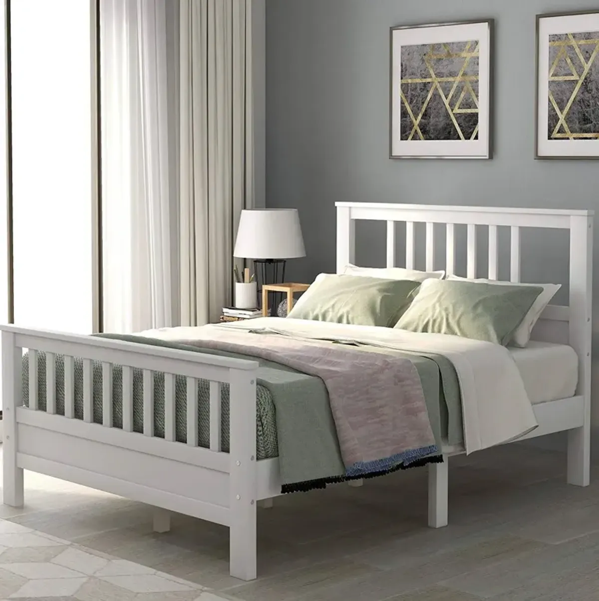 Hivvago White Pine Wood Slatted Platform Headboard Footboard Full Size Bed