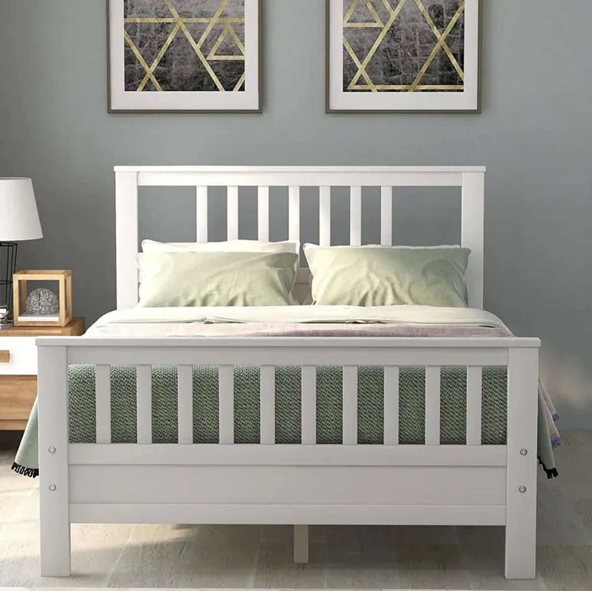 Hivvago White Pine Wood Slatted Platform Headboard Footboard Full Size Bed