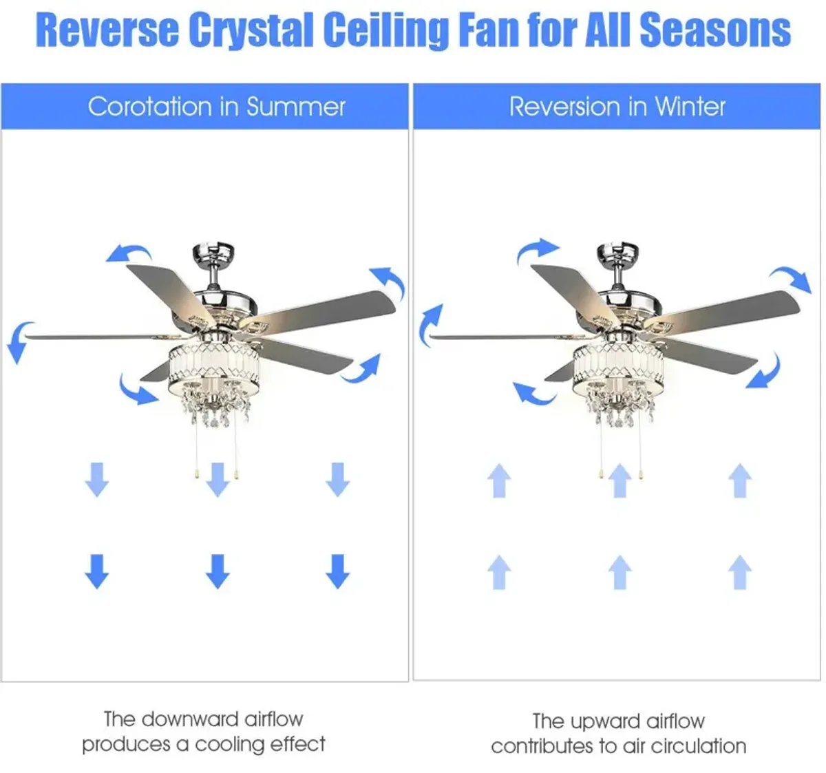 52 Inch Crystal Ceiling Fan Lamp w/ 5 Reversible Blades-Silver