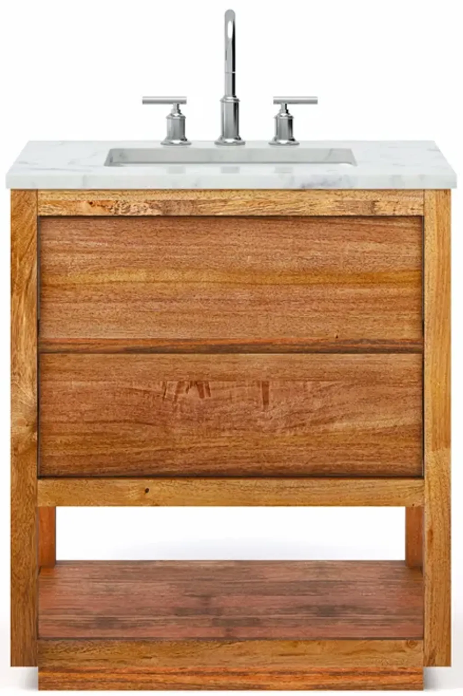 Oakman 30 In. Single Sink Carrara White Marble Countertop Bath Vanity in Mango Wood with Chrome Faucet