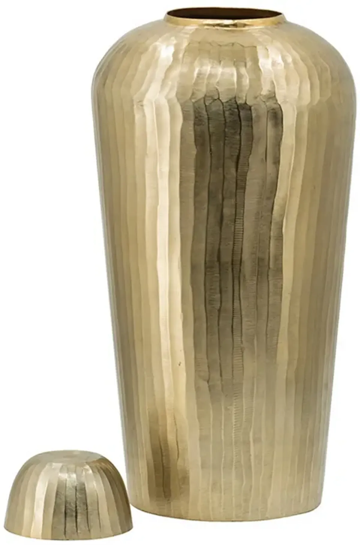 22 Inch Lidded Vase Jar, Tall Curved Silhouette, Hammered Texture, Gold - Benzara