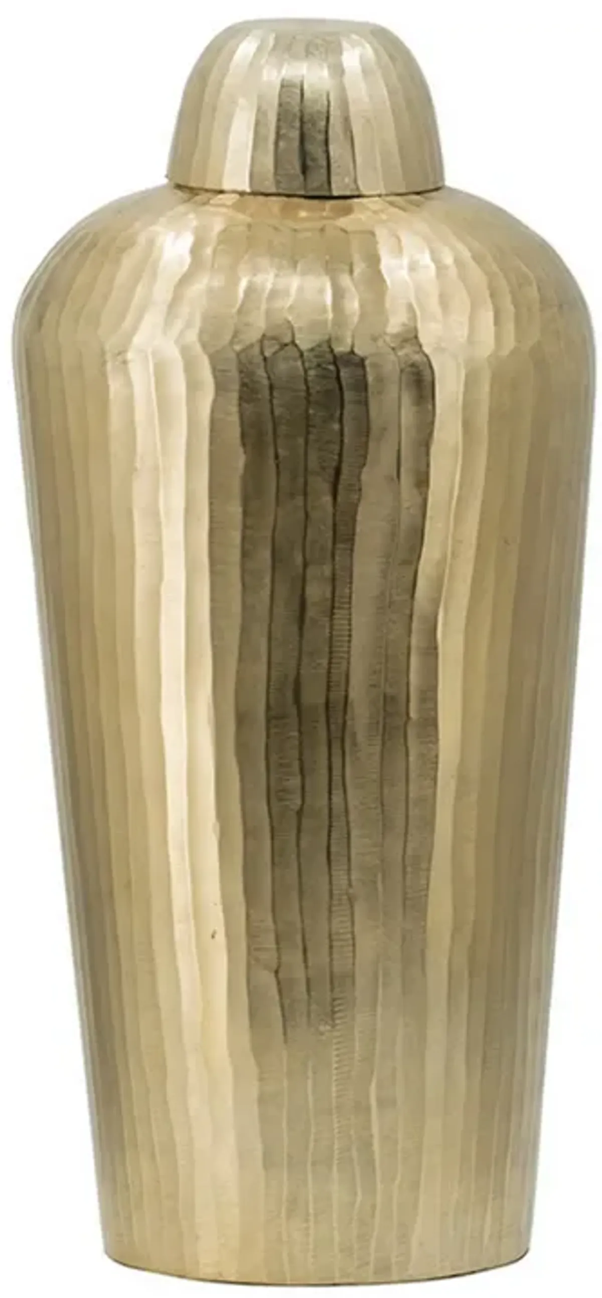 22 Inch Lidded Vase Jar, Tall Curved Silhouette, Hammered Texture, Gold - Benzara