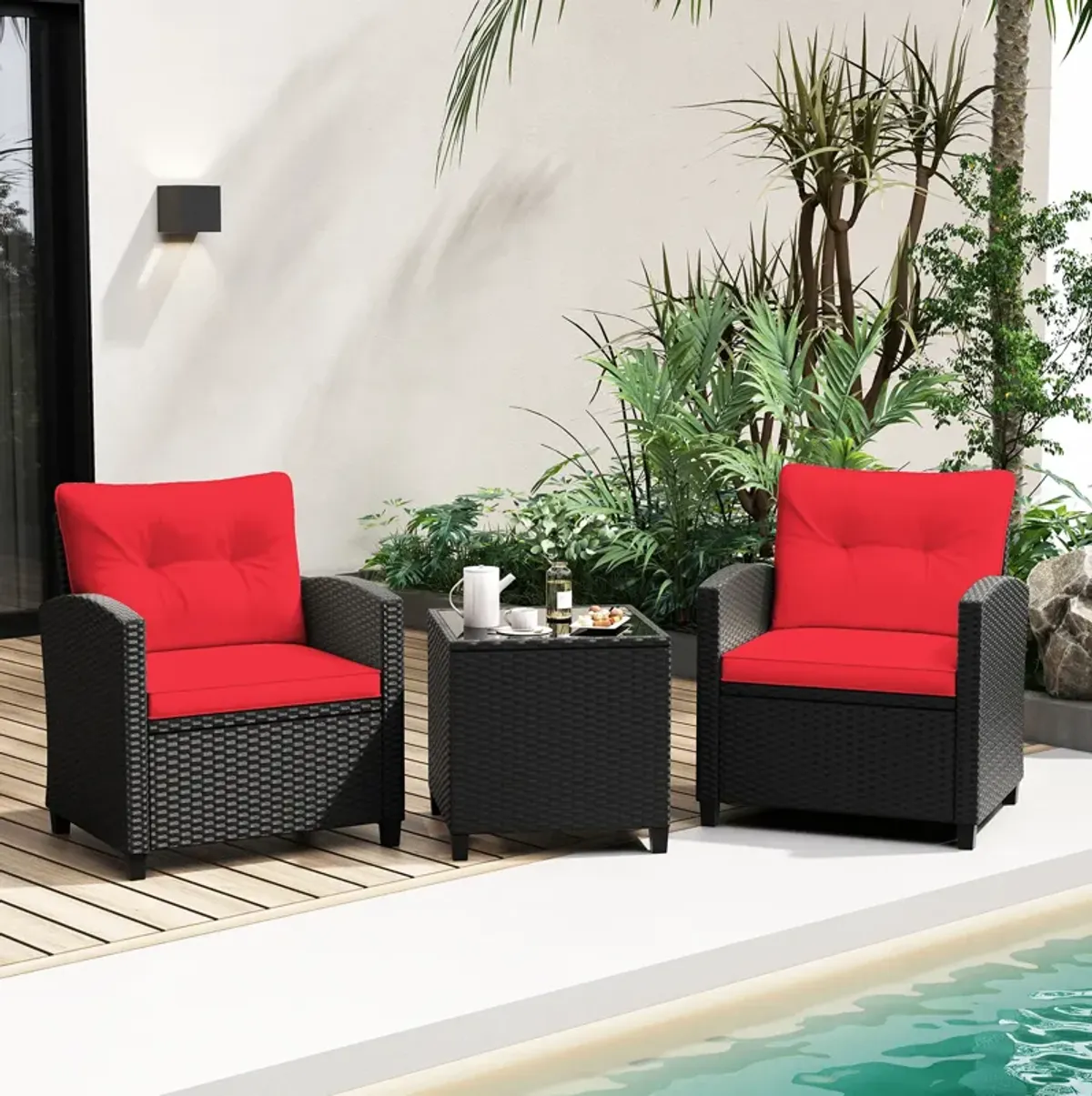 3 Pieces Patio Furniture Set with Tempered Glass Coffee Table