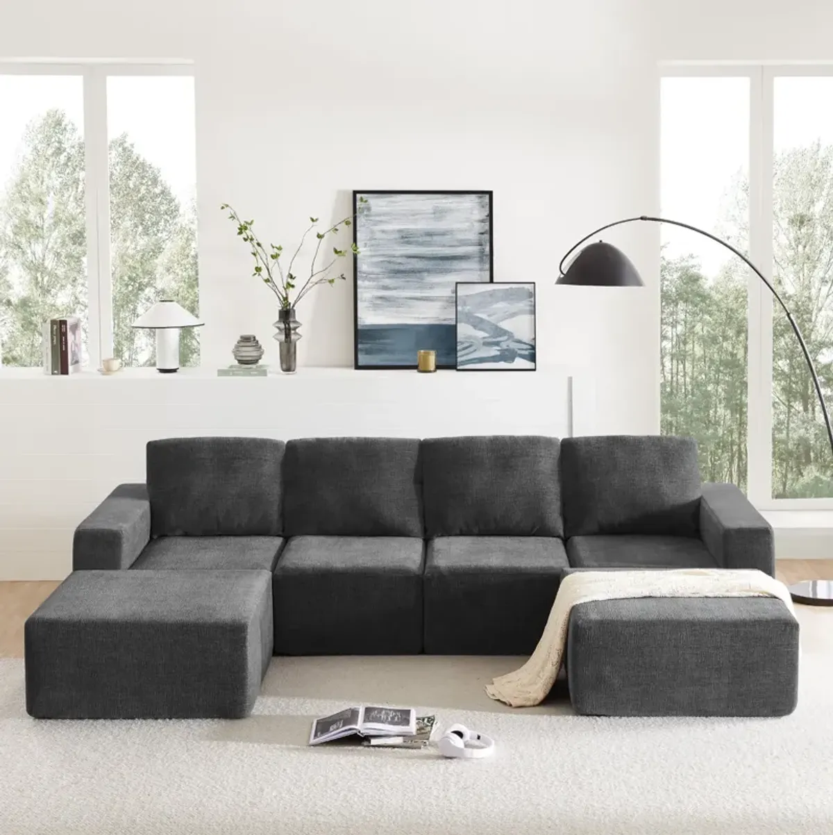 MONDAWE Modular U Shaped Sectional Sofa,Luxury Chenille Floor Couch Set,Upholstered Indoor Furniture,Foam-Filled Sleeper Sofa Bed