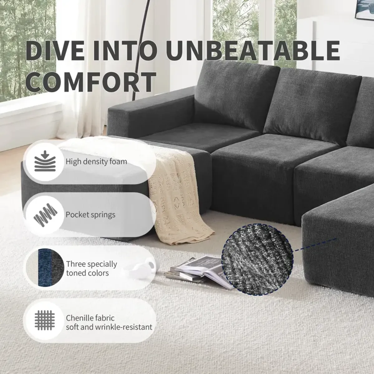 MONDAWE Modular U Shaped Sectional Sofa,Luxury Chenille Floor Couch Set,Upholstered Indoor Furniture,Foam-Filled Sleeper Sofa Bed
