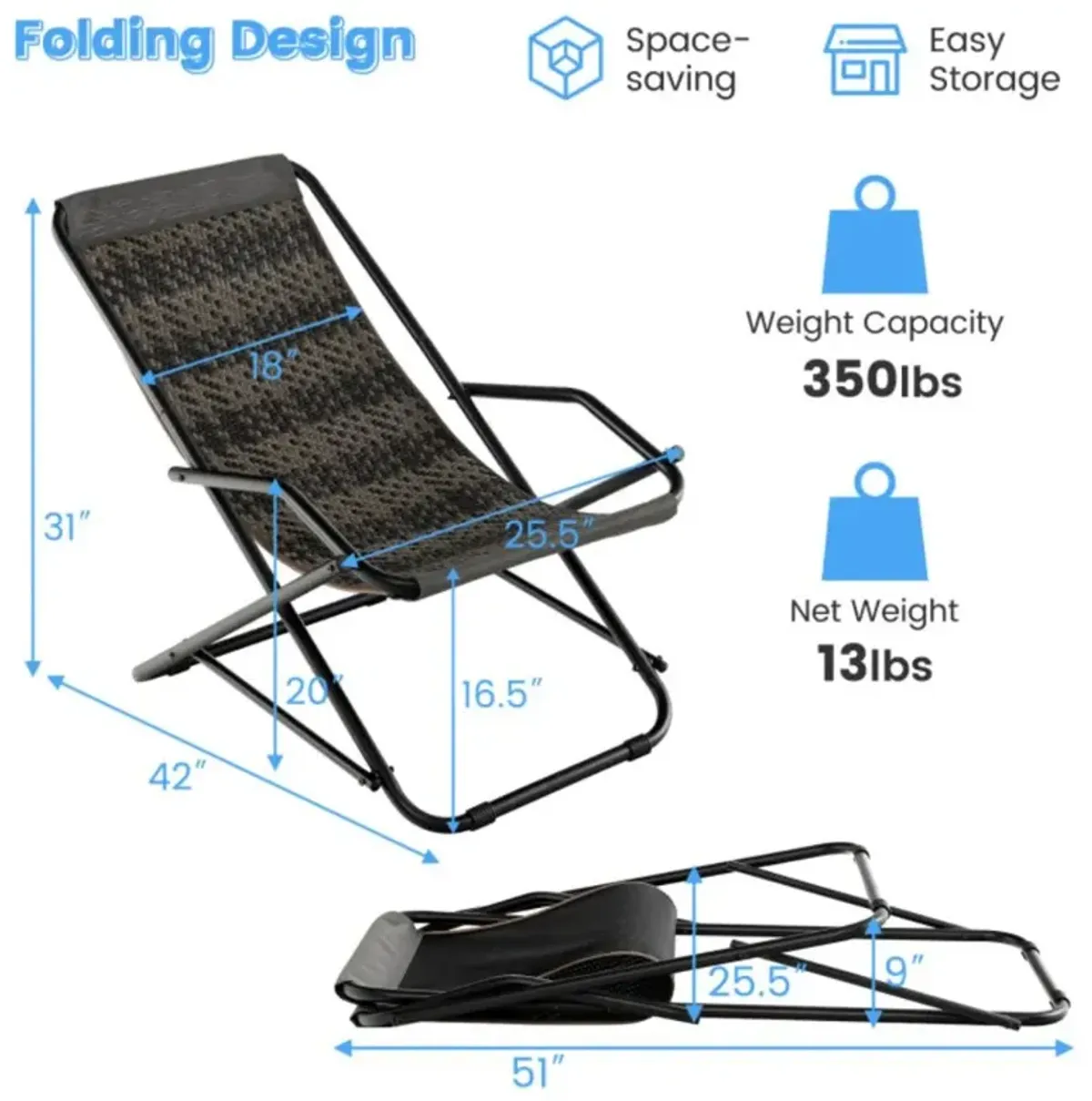 Hivvago Outdoor Patio PE Wicker Rocking Chair with Armrests and Metal Frame