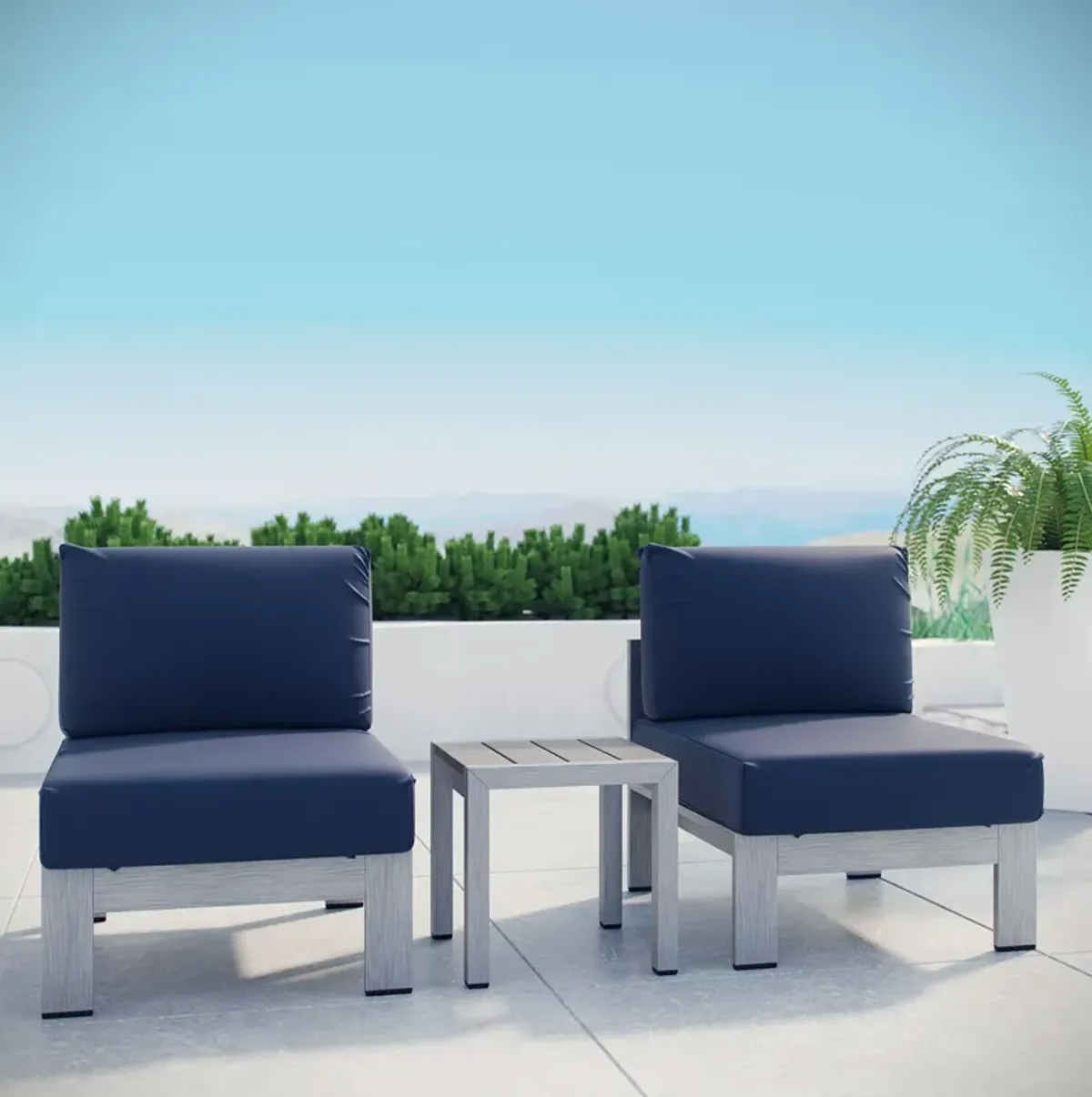 Shore 3 Piece Outdoor Patio Aluminum Sectional Sofa Set - Silver Navy