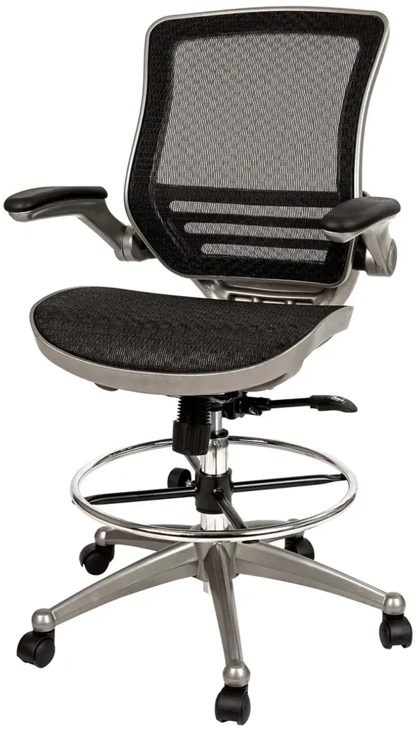 Flash Furniture Waylon Mid-Back Transparent Black Mesh Drafting Chair with Graphite Silver Frame and Flip-Up Arms