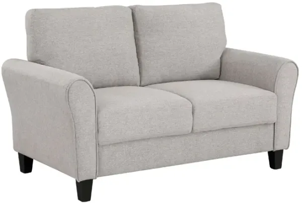 Leroi Loveseat, 58 Inch, Gray Fabric and Round Flared Armrests - Benzara